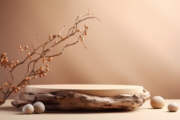 empty wood and white stone podium product mockup display with dry flower branches on beige color...