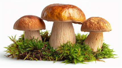 Boletus. Three mushrooms Boletus and moss. Boletus on a white background.