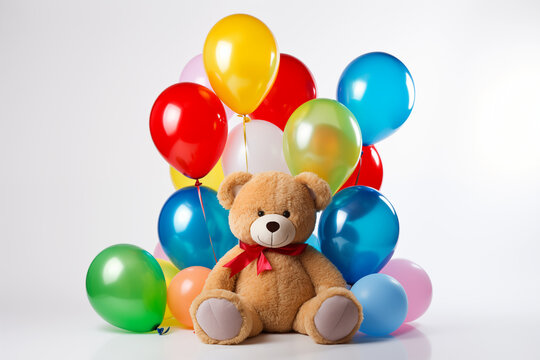 Adorable teddy bear and Easter bunny surrounded by colorful balloons, celebrating with love and joy