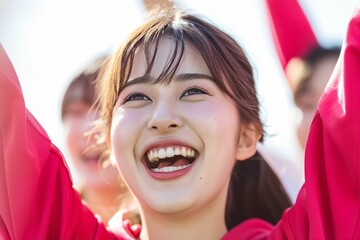 歓声をあげて応援する笑顔の日本人女性ポートレート（白背景・オリンピック・日本代表・ワールドカップ・世界大会・Jリーグ・野球・スポーツ）