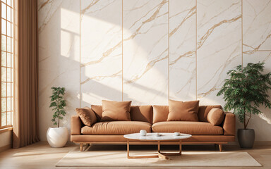 White sofa against a terra cotta marble stone paneling wall with ample copy space, representing the minimalist home interior design of a modern living room.