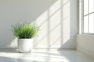 small flower pot with house of grass on white floor and window