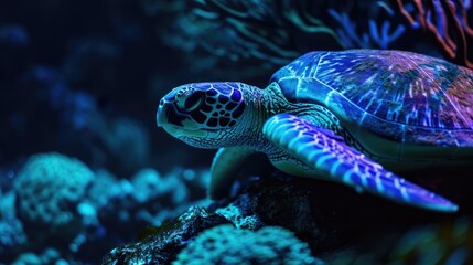 Obraz na płótnie Canvas A fluorescent sea turtle slowly making its way through the tank as if in a neon dream