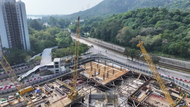 Site Formation and Infrastructure Works for light rail transit Public Housing Recreation Playground Development in Tuen Mun Ferry Pier New Territories Drone aerial Top view of Hong Kong