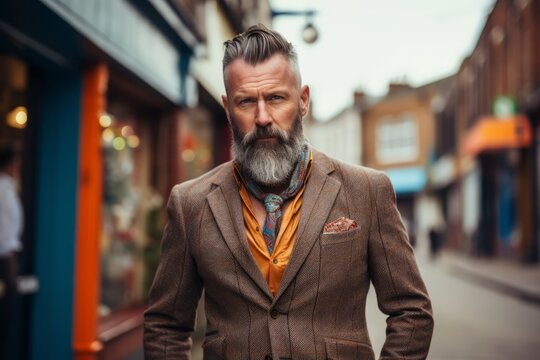 Handsome Bearded Man In A Brown Jacket And Bow Tie On A City Street