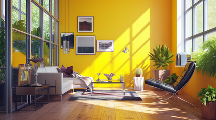黄色い内装のリビングルーム　インテリアイメージ
