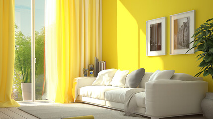 黄色い内装のリビングルーム　インテリアイメージ