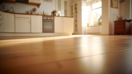 The warm glow of sunlight fills a modern kitchen with hardwood floors, creating a welcoming and cozy atmosphere.