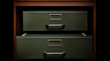 Close-up of dark file drawers with metallic labels and handles, part of a sophisticated filing cabinet system.