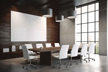 Contemporary boardroom with empty white presentation poster and furniture. 3D visualization. Generative AI