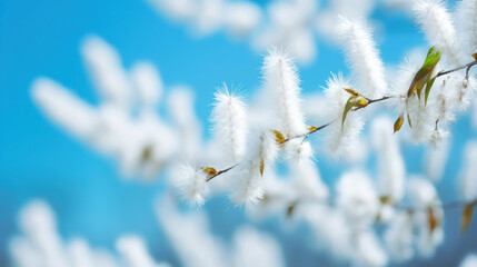 Soft white catkins bloom on branches with a clear blue sky in the background, signaling the arrival of spring.