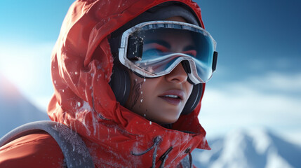 A determined female snowboarder wearing a red jacket and ski goggles against a snowy mountain backdrop.