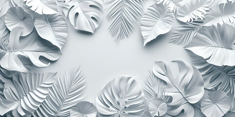Collection of tropical leaves, foliage plant in white color with space background. Abstract leaf decoration design. Exotic nature art, Generative Ai