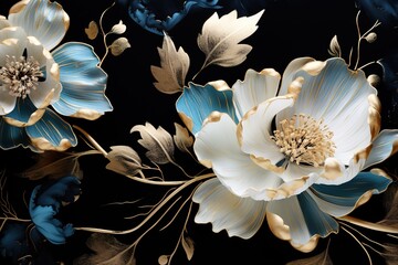 Close-up high-resolution illustration of gold and dew texture flower with black background. Gilded floral design. Dew on petals. Generative AI
