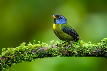 Moss-backed Tanager on mossy stick on green background