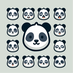 Vector panda head with various expressions, simple and minimalist cartoon flat design