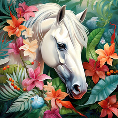 Image of white horse head with colorful tropical flowers. Farm animals., Mammals.