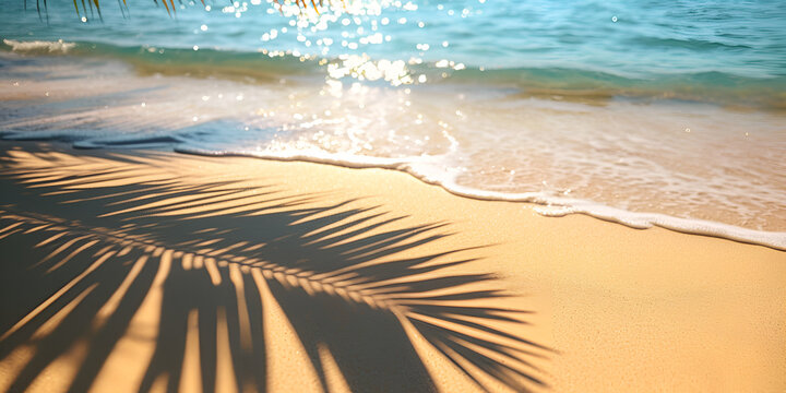 Selective focus of summer and holiday backgrounds concepts with shadow of coconut leaf on clean sand beach, World Ocean Day, Sea Land, Generative Ai
