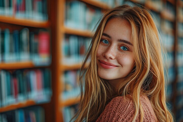 Joyful college student, immersed in studies at the library, wears a radiant smile on her face, capturing the essence of academic contentment and success.