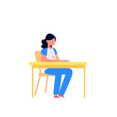 Student elementary school. The schoolgirl sits at a school desk. writing a book, Vector illustration of a flat design