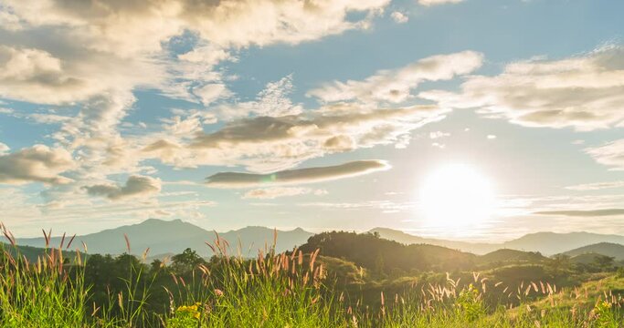 Timelapse Mountain landscape foggy windy range mountain green landscape asian farm. Beautiful landscape mountain green field meadow white cloud blue sky on sunrise. Countryside sunlight heaven