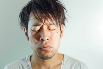 風邪をひいて辛い具合が悪い日本人男性（インフルエンザ・くしゃみ・頭痛・咳・コロナ・熱・悪寒） - obrazy, fototapety, plakaty