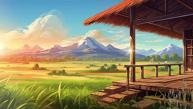 Animated illustration of a wooden hut in the middle of a rice field with a beautiful view of the mountains. Illustration of a view of rice fields in the morning. Background animation.