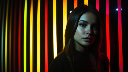 A captivating portrait of a woman with a contemplative gaze, highlighted by bold neon light stripes in a dark setting.