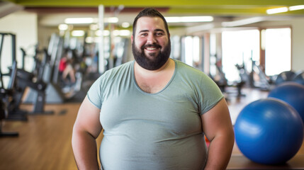 A happy, confident man smiling at the gym, standing proud at the start of his fitness journey, surrounded by workout equipment.