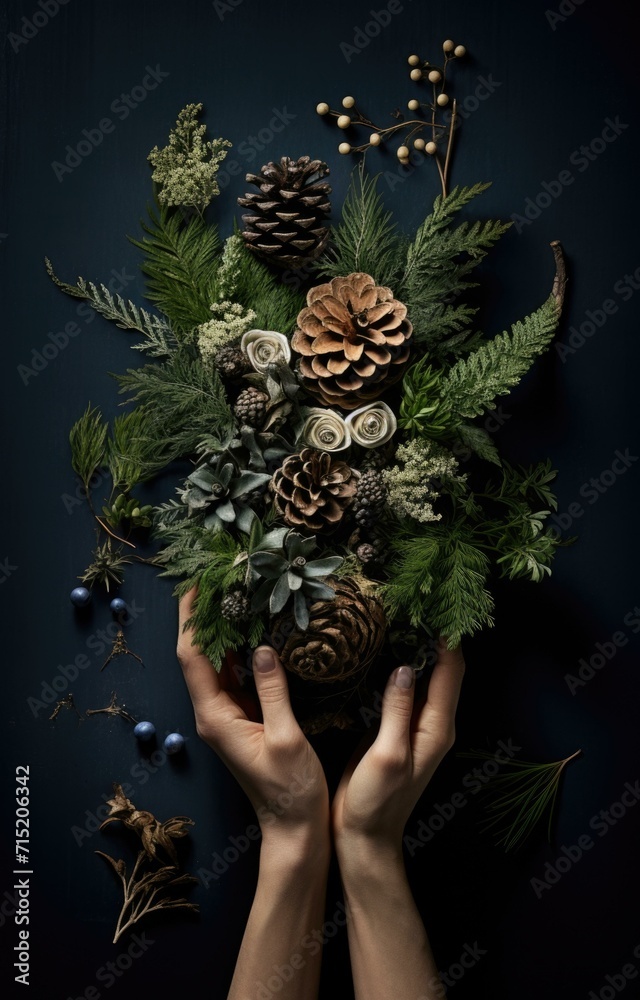 Poster Hands holding a bunch of plants and berries. Generative AI.