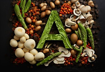 The letter a is made of vegetables and mushrooms. Generative AI. - Powered by Adobe
