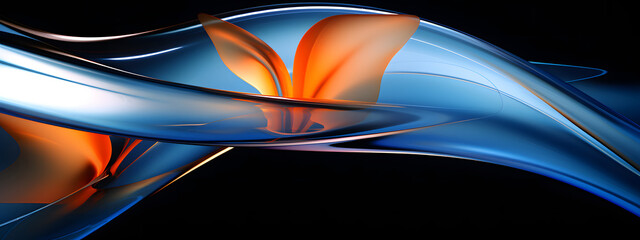 abstract background, a blurry image with blue and orange colors, floral surrealism, graceful curves, flickr, serene simplicity, light black and orange, glass as material
