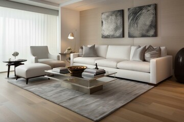 Contemporary living room with sleek white sofa. Generative AI
