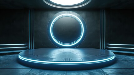 The background podium for product display, positioned at the center, features a futuristic concept illuminated by neon lights. It exudes sophistication, robotics, and gaming vibes