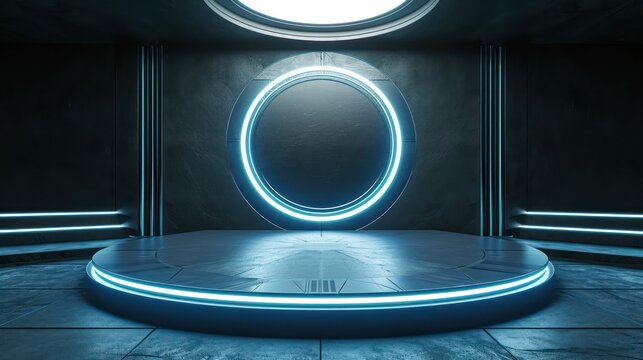 The background podium for product display, positioned at the center, features a futuristic concept illuminated by neon lights. It exudes sophistication, robotics, and gaming vibes