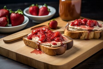 Vegan strawberry ricotta toasts - clean, diet-friendly breakfast/snack. Generative AI