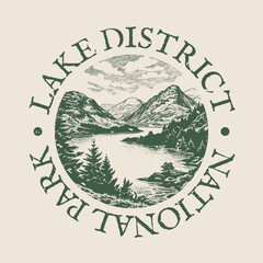Lake District, England Illustration Clip Art Design Shape. National Park Vintage Icon Vector Stamp.