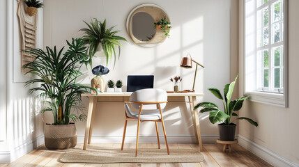 Home office, wall mockup in Scandi-boho style living room interior. Ai Generative