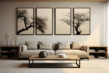 modern living room, Grey sofa with pillows against white wall with art poster. Interior design of modern living room