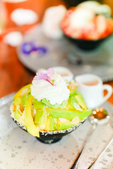 Bingsu or shaved ice with avocado is a delicious and refreshing dessert.