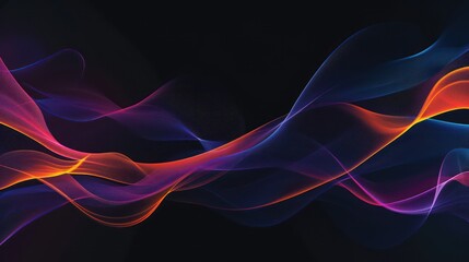 black background adorned with neon-colored geometric wave shapes, featuring dark blue, purple, and black hues