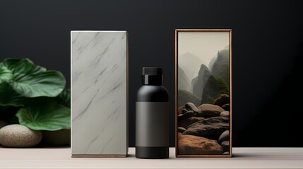 high end skincare product mockup in luxurious black and gold marble texture with blank label 