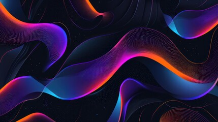 black background adorned with neon-colored geometric wave shapes, featuring dark blue, purple, and black hues