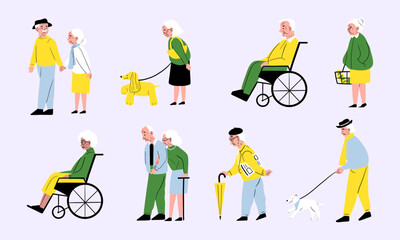 An Old person who takes a walk and feels comfortable. Healthcare therapy, breathe fresh air. Elderly walk in park or forest vector illustration