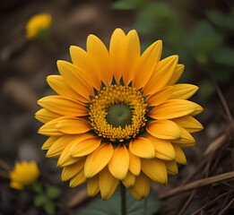Obraz premium A rowleaf balsamroot wild flower close up. a close up of a yellow flower with a sky in the background and a few white flowers in the foreground. Generative Ai