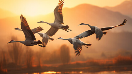 A group of storks was flying in the afternoon, just before sunset