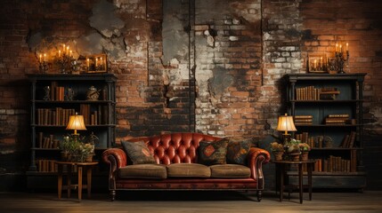Industrial backdrop. Empty room with leather sofa and a brick wall behind it. - obrazy, fototapety, plakaty