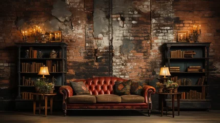 Fotobehang Industrial backdrop. Empty room with leather sofa and a brick wall behind it. © pengedarseni