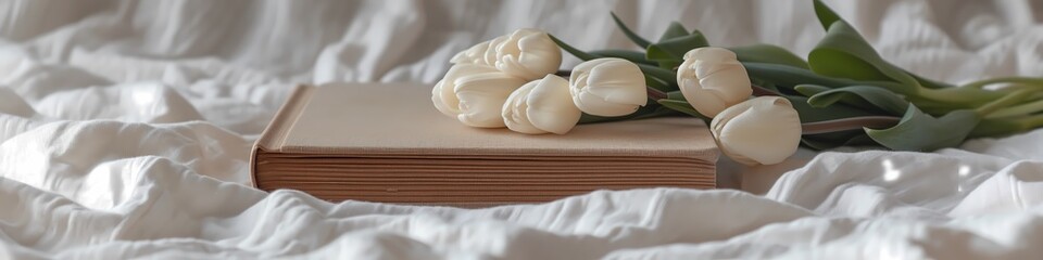 Fototapeta na wymiar white lily flower on top of vintage book 