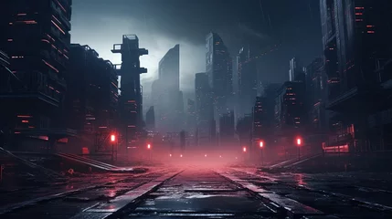 Foto op Aluminium Cyberpunk City Streets, Futuristic City at Night, Foggy, Urban, Sci-fi, Cyber  © Humam